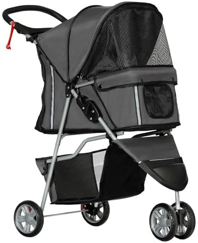PawHut Dog Stroller, 3 Wheels Foldable Cat Dog Pram with Cup Holder, Storage Basket, Pet Stroller for Small Miniature Dogs, Charcoal Grey
