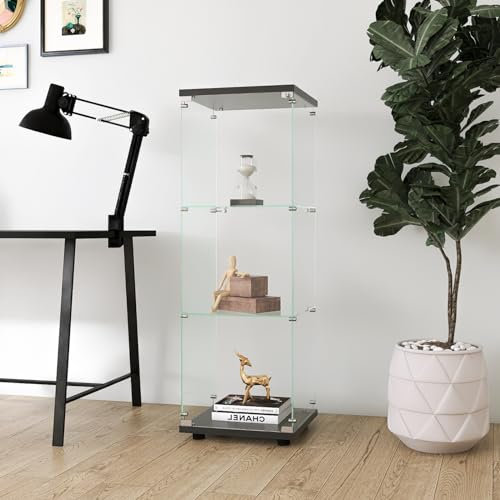 Glasvitrine Standvitrine, Vitrinenschrank mit Schloss und 1 Türen 3 Etagen Vitrine mit Glas Sammlervitrine für Sammlerstücke, Bücher, Modelle (1 Tür, 3 Etagen, Schwarz)