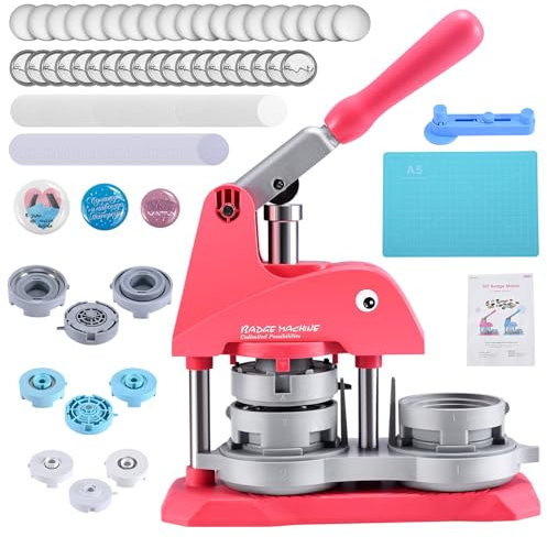ButtonMaschine Pin Badge Maker Verschiedene Größen 25+32+58 mm VIHBRAI DIY individuelle Metall-Button-Presse-Set mit 300 Sets Button-Herstellungsbedarf & Kreisschneider (Rosa Pink)