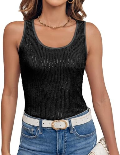Imily Bela Top Damen Sommer Pailletten Tanktop Slim Fit U-Ausschnitt Ärmellos Elegant Oberteile Sexy Party Bluse Cocktail Club Outfits(Schwarz,XL)