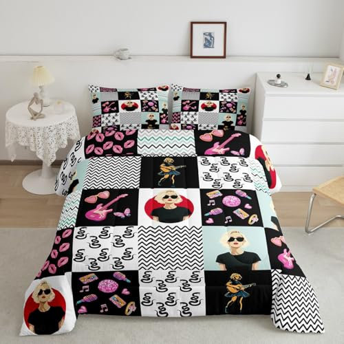 jejeloiu Mädchen-Bettwäsche-Set, volle Größe, Singer, Tröster, Geschenke für Frauen, Musikliebhaber, Mädchen, Gitarre, Schlange Ästhetik, Freunde, Bett-Set mit 1 Steppdecke, 2 Kissenbezügen, blaues