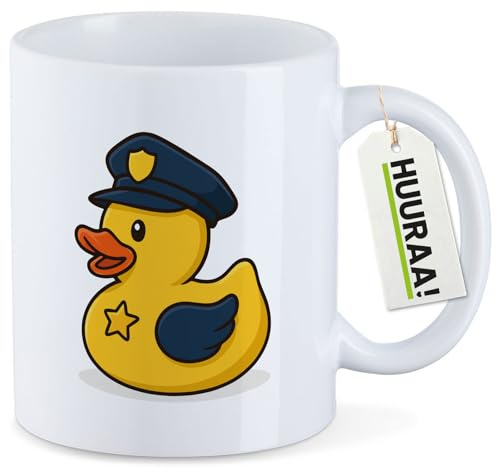 Huuraa Kaffeetasse Quietscheente Polizei Comic Gummiente Geschenk | Motivtasse 330ml Weiß Keramik Tasse mit Spruch Kaffeebecher Geschenkidee Becher mit Motiv