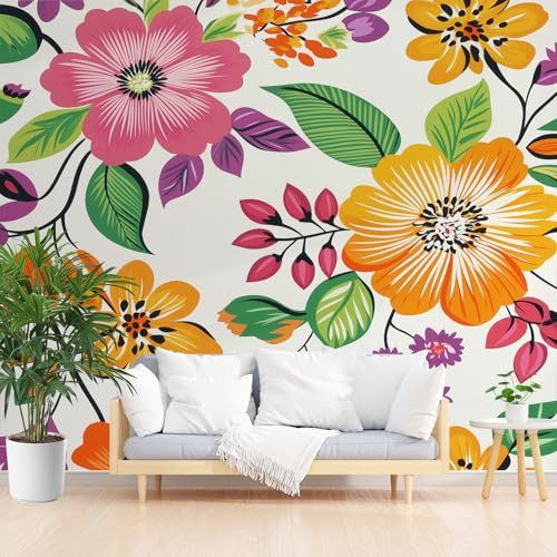 YGcegcia Papier Peint Fleur Multicolore Rural, Papier Peint Panoramique Floral Style Pastoral Naturel, Tapisserie Intissé Écologique, Décoration Murale, Pour Salon Chambre Bureau, 100x100cm