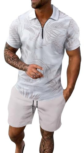 Herren-Strandhemd und Shorts, tropisches Outfit, flippiges Urlaubshemd-Set, Hawaii-Hemden und Shorts, normale Passform, kurzärmeliges Set, halber Reißverschluss, Oberteil mit Taschen, kurze