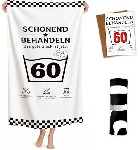 Giftota Lustige Geschenk 60 Geburtstag Mann Frau - 160 x 80 cm Mikrofaser Strandtuch & Badetuch mit Geburtstagskarte 60, Strandhandtuch Schnelltrocknend - Schonend Behandeln 60
