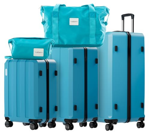 Vallsero Koffer Set, Gepäck Set, Trolleys, Reise Koffer 5tlg, ABS, TSA-Schloss, Enthält 1 Reisetasche und 1 Kulturbeutel, 4 Rollen, Aluminium-Teleskopgriff (Hellblau)