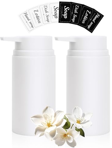 Hebaogugu Set mit 2 Seifenspendern aus Kunststoff, für Lotion, Reinigungsmittel, Handseife, 480 ml/16 oz weiß Seifenspender mit großer Pumpe für Küche, Bad, Dusche, mit 8 Aufklebern
