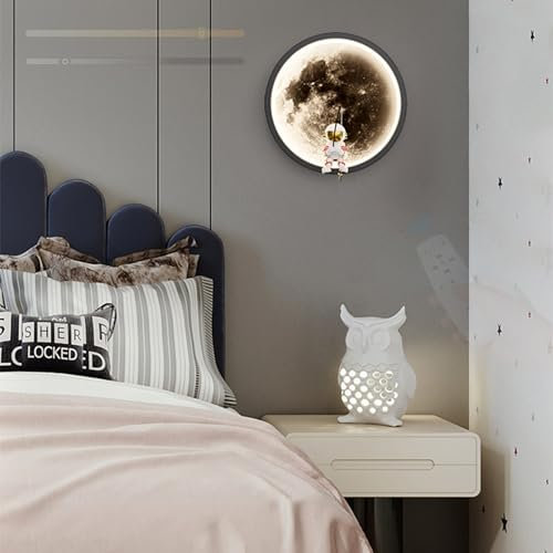 GZZBMY LED Modern Wandleuchte Innen Dimmbar mit Fernbedienung Wandbeleuchtung Kreativ Sternenhimme Astronaut Rund Wandlampen Flure Schlafzimmer Arbeitszimmer Kinderzimmer (Schwarz)
