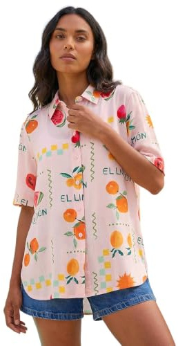 Roman Shirt for Women Ladies Cotton Blouse Button Through Tunic Printed Top Work Long Sleeve Smart Casual Going Out Work Office V Neck Everyday Evening Event - Light Pink Fruit - Size 16