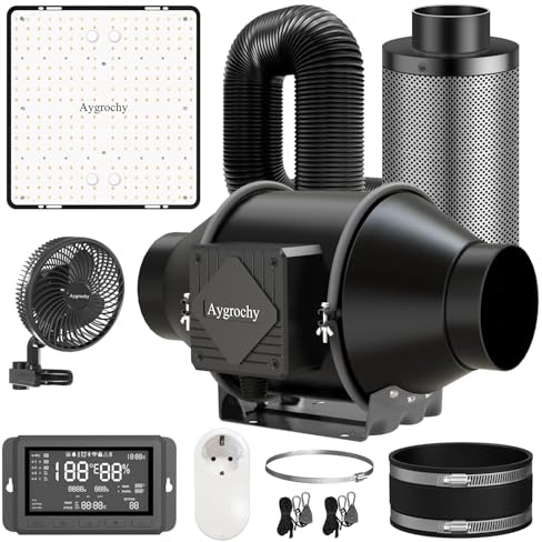 Aygrochy Growzelt Komplettset mit Central Integrated Controller. LED Grow Lampe 100W EVO, 100mm Rohrventilator mit Luftkohlefilter, Grow Ventilator, Smarte Steckdose und Abluftschlauch.