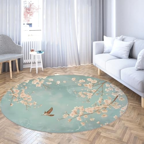 WEECHAINGE Japanischer Sakura Vogel Runder Teppich Weiches Pastellblau Blumendesign Rutschfester dünner maschinenwaschbarer Kreisteppich für Schlafzimmer Teestube Dekor 120cm