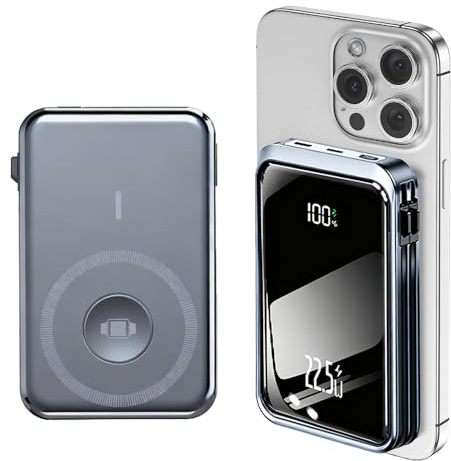 Magnetic Portable Charger 10000mAh,Built-in Cables with LCD Display,4-in-1 Wireless Power Bank with iWatch Charger, 22.5W PD Fast Charging USB C Battery Pack for iPhone, Watch