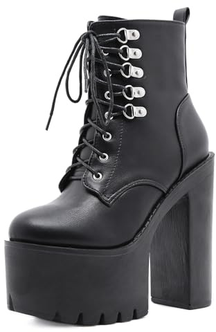 Stivaletti da Donna con Lacci con Tacco Largo Ultra Alto da 15 cm - Stivali Invernali Leggeri e Comodi per Gli Outfit quotidiani,Nero,36 EU