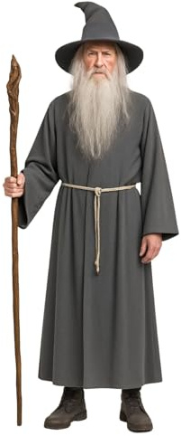 MIMIKRY Gandalf Herren Kostüm Grau Robe Hut Gürtel Zauberer Hexer Magier Hexenmeister Männer