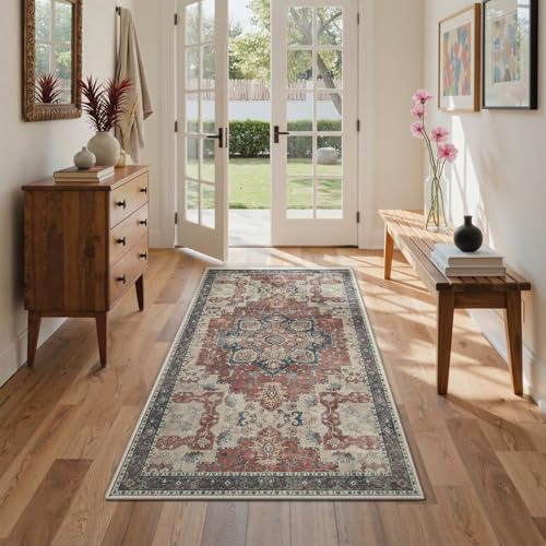 GENIMO Vintage Rot Teppich Läufer Flur 80x150cm Teppichläufer Waschbar | Waschbarer Teppich, Weich Rutschfest, Kurzflor im Retro, für Eingangsbereich, Badezimmer Schlafzimmer,für Flur Carpet