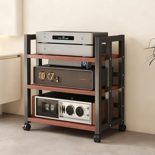 LIMENQIN Beweglicher Audio Rack HiFi Rack, Offenes Plattenspieler Schrank mit Verstellbaren Einlegeböden, 3/4-stöckiger Plattenspielerständer, Schallplatten Regal(Brown,3 Tier 50x40x90cm)