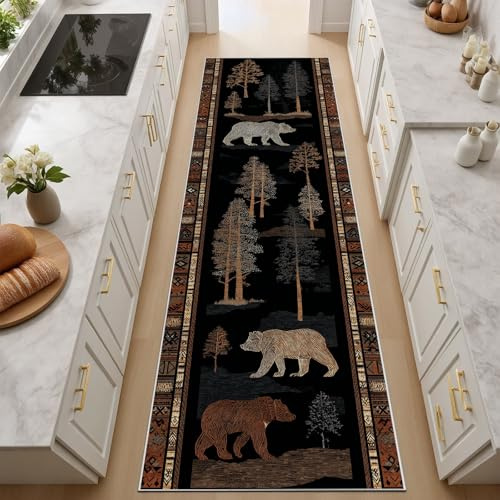 RJHDJSA Vintage Teppich 80x180 cm - Wald Läufer Flur rutschfest - Tiere Bär Silhouette Bettvorleger Küchen Wohnzimmer Schlafzimmer, Braun Kurzflor Teppich Flurläufer Teppichläufer