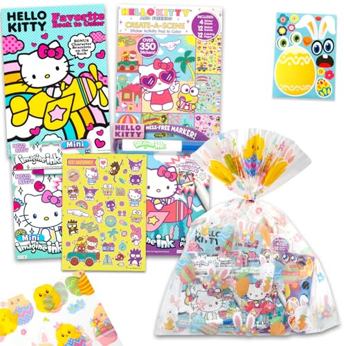Hello Kitty Oster-Geschenktüten-Malset mit 4 Sanrio-Aktivitätsbüchern, Ostereier-Druck, Zellophantüte, Bindeband, Aufklebern | Hello Kitty Ostergeschenkkorbfüller