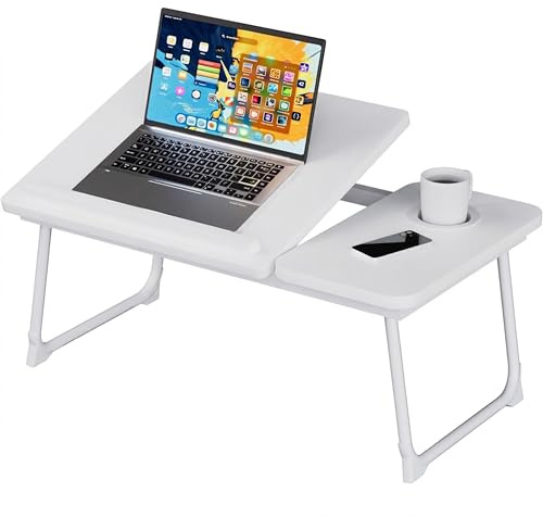 Laptop Bed Table, Laptop Bed Desk with Foldable Legs & Cup Slot, Adjustable Trays, Book Holder Notebook Stand Tray for Bed,Sofa,White