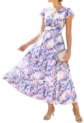 GRACE KARIN Damen Rüschenärmel V-Ausschnitt Midikleid A-Linie Blume Sommerkleid Mit Taschen