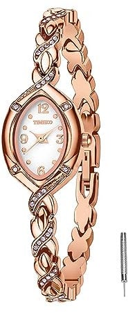 TIME100 Uhr Damen Elegant Oval Gehäuse Minimalistisch Ellipse Zifferblatt Diamant Armband Mini Wasserdicht (Rosegold)