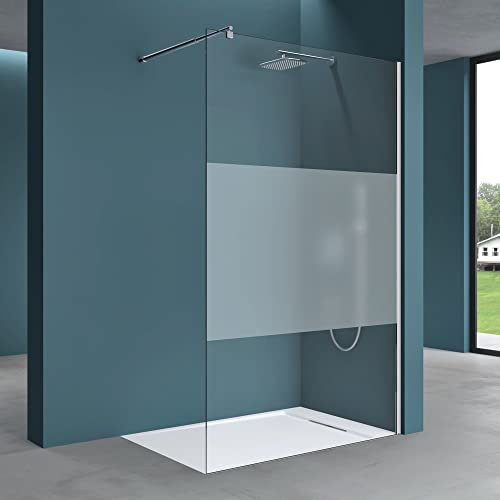 Mai & Mai Paroi de douche 100x200cm avec bande opaque pare-douche à l’italienne BR2MS verre trempé 10mm easy clean stabilisateur rond BRAM1