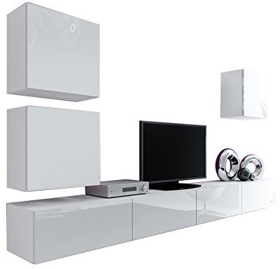 Wohnwand Vigo XXII, Design Mediawand, Modernes Wohnzimmer Set, Anbauwand, Hängeschrank TV Lowboard, (Weiß/Weiß Hochglanz)