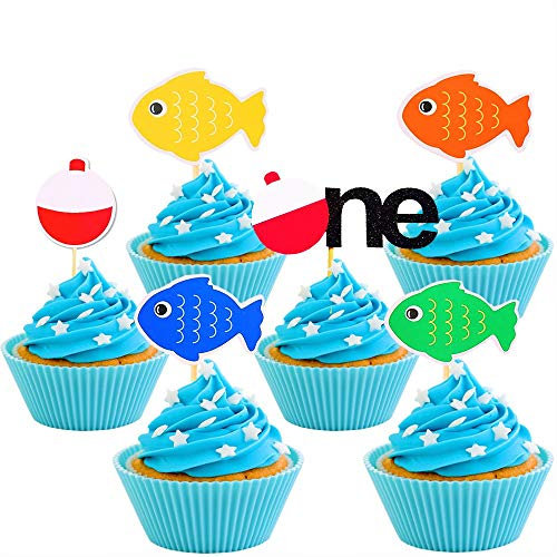 JeVenis Fishing Bobber Cupcake Toppers The Big One Kids Little fisherman Cake Topper Fishing Cake Topper Supplies 30 pcs