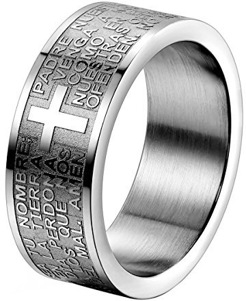 JewelryWe – Schmuck-Ring für Damen und Herren, 8 mm Ring, Edelstahl, Ringband aus Silber, Motiv: Englisches Bibelgebet der Prediger aus der Zeit der Siedler, Größe: 12 – 30 silber / schwarz