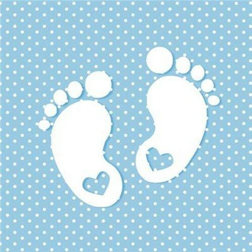 Servietten Kinder 20 Servietten Kleine Fußabdrücke auf Blau mit weißen Punkten für Babyparty, Taufe oder Kindergeburtstag für Jungen, 33 x 33 cm
