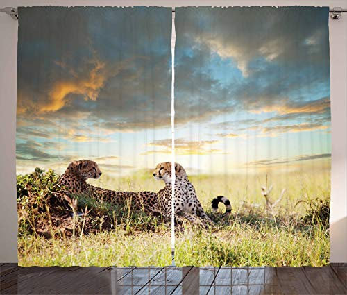 ABAKUHAUS Safari Rustikaler Gardine, Gefährliche Geparden in Afrika, Schlafzimmer Kräuselband Vorhang mit Schlaufen und Haken, 280 x 245 cm, Braun Grün