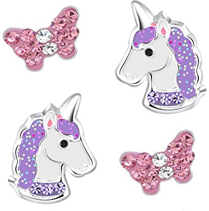 FIVE-D 2 Paar Kinderohrringe Einhorn Pferd Blume Kristall 925 Silber (Lila)