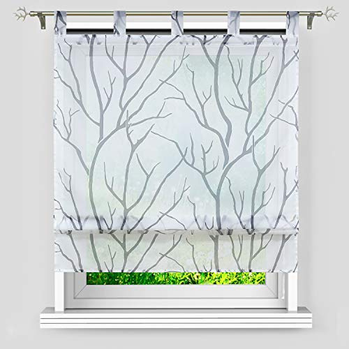 Heichkell Voile Schlaufen Raffgardine Transparente Rollos 》Baumzweige《 Bedruckt Muster, Falten durch Bandsystem, Weiß#1 HxB 140x80 cm