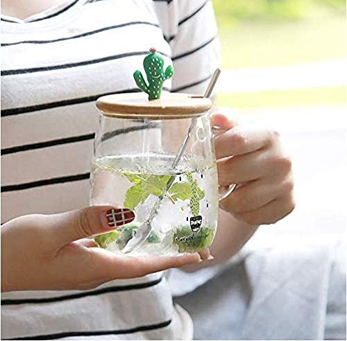 Taza de cristal transparente de cactus de 500 ml, con tapa de madera, con tapa de madera, ideal como regalo con cuchara y tapa