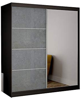 Kleiderschrank mit Spiegel Schwebetürenschrank 2-türig Schrank mit vielen Einlegeböden und Kleiderstange Gaderobe Schiebtüren Schlafzimmer- Wohnzimmerschrank Modern Design 183 cm Beton (Schwarz)
