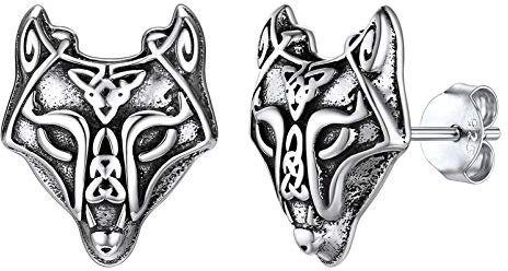Silvora Herren Damen Ohrringe S925 Silber Wolfskopf Ohrstecker Viking Keltischer Knoten Ohrringe für Männer Mädchen Punk Gotik Wolfskopf Ohrring mit Wikinger Element in Altertung Effekt
