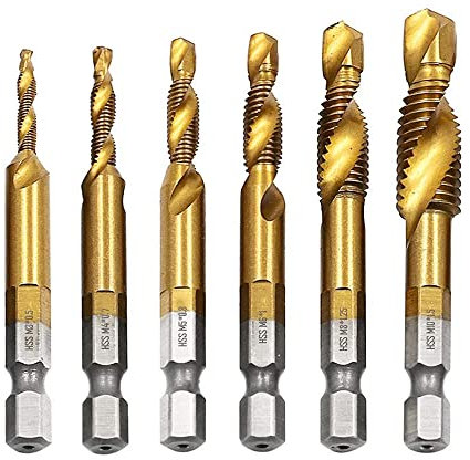 Bestgle 6 Packs Hex Shank Titanium Coated Countersink Tap Drill Bit Set HSS Screw Thread Metric Combination Tap Drill, M3-M10