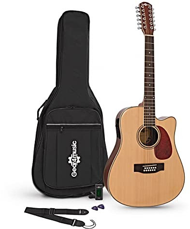 12-saitige Elektroakustik-Gitarre von Gear4music mit Gigbag-Stimmgerät