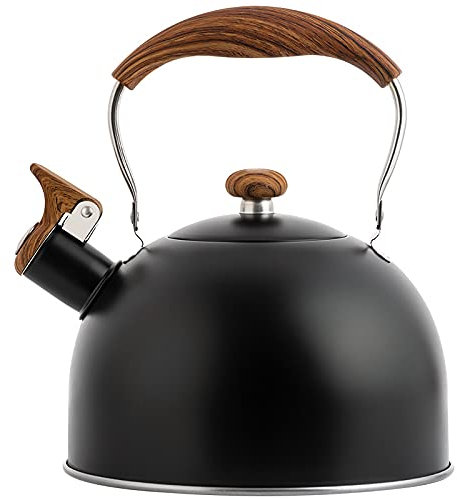 Wasserkessel Induktion Pfeifkessel Aus Edelstahl, Wasserkocher Kaffeekanne Elektroherde Teekessel Mit Flöte, Flötenkessel Mit Holzmaserungsgriff, Teekessel Für Alle Kochplatten, Max. 2.5L (Schwarz)