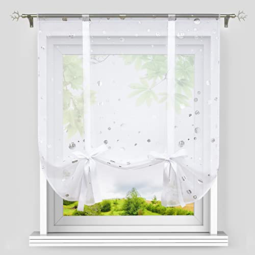 Heichkell Raffrollo mit Tunnelzug Voile Raffgardine Modern Kleinfenster Küchengardine Glänzende Kreise-Dekomuster Silber BxH 100x140 cm