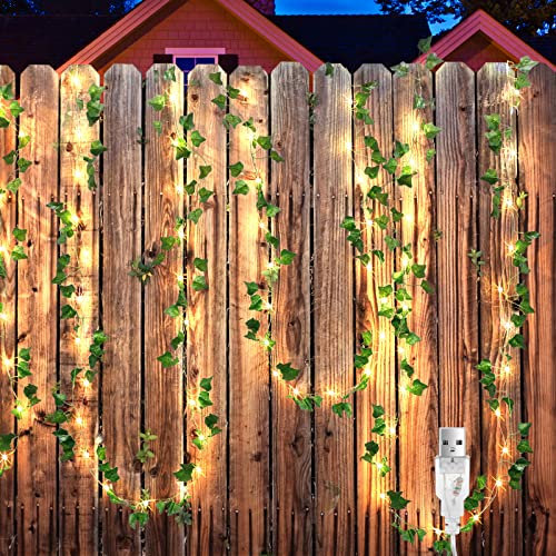 Guirnalda de luces LED de hiedra artificial, 8 m, USB, luces de ratán verde con 80 perlas LED, 8 modos de iluminación, vides colgantes para jardín, boda, fiesta, hogar, dormitorio, pared, decoración