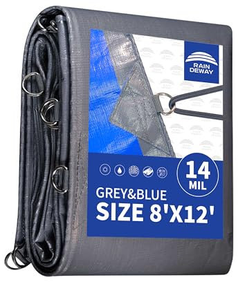 Lona extra resistente de 8 x 12 pies, extremadamente resistente a la intemperie, impermeable, ojales de metal resistentes al desgaste y bordes reforzados, lona azul/gris por RAINDEWAY