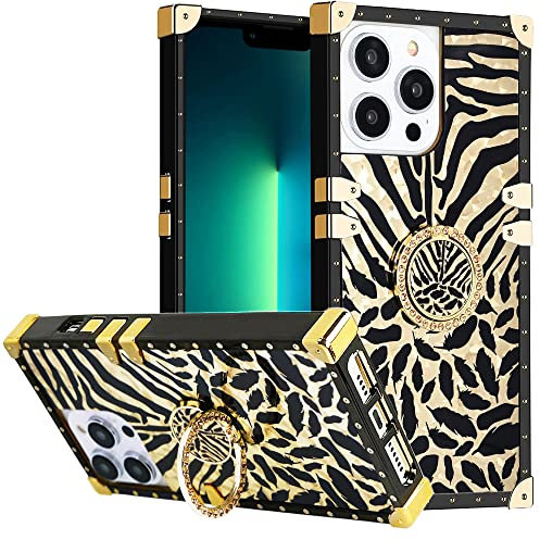 DMaos for iPhone 14 Case with Ring, iPhone 13 Case for Women, Gold Gorgeous Rhinestone Bling Diamond Kickstand, Premium for iPhone14 iPhone13 6.1'' - Zebra