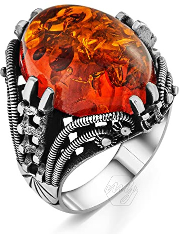 Herren-Ring aus 925er Sterlingsilber, ovaler baltischer Bernstein, Metall, Baltischer Bernstein (simuliert)