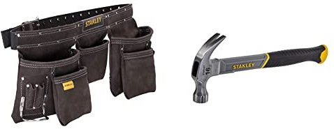 STANLEY Leather Tool Belt Pouch Apron, Multi-Pockets Storage Organiser, Hammer Loop, STST1-80113 & STHT0-51309 16oz Fiberglass Curved Claw Hammer, 450g