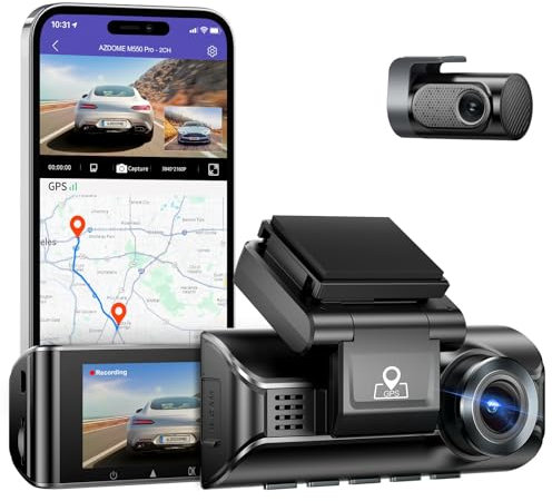 AZDOME Dashcam Auto Vorne Hinten 4K/2,5K 5GHz WiFi Dash Cam mit 64GB SD Karte, Dual Auto Kamera mit 3,19 IPS-Bildschirm, Super Nachtsicht, WDR, 170° Weitwinkel, G-Sensor, Loop-Aufnahme, Max 256GB