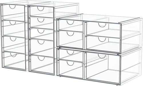 caktraie Makeup Organizer Storage With 16 Drawers, 4 Pcs Desktop Office Supplies, Desk Organizers, Clear Accessories, Dustproof Storage Drawer and for Make Up, Jewelry, Pen, Stationary