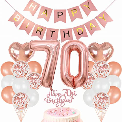 Conruich Geburtstagsdeko 70 Jahre Frau, Luftballon 70. Geburtstag Deko Set, Rosegold Tortendeko Geburtstag 70 Jahre Frauen, Ballon 70 Geburtstag Frau, Happy Birthday Banner Deko 70 Geburtstag Frau