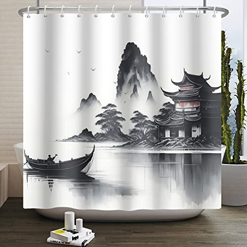 SDOTPMT 165x180cm Japanische asiatische Tinte Malerei Duschvorhang Foggy Mountain Boat Wilde Gans Badewanne Vorhang Outdoor Natürliche Landschaft Bad Vorhang für Badezimmer Dekor mit Haken