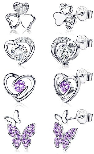 JeweBella 4Paires Boucles d'Oreilles Argent pour Femmes Enfant Fille Hypoallergéniques Argent Sterling 925 Poteau Clous d'Oreilles Coeur Papillon Violet/Rose Ensemble Clous d'Oreilles Cartilage